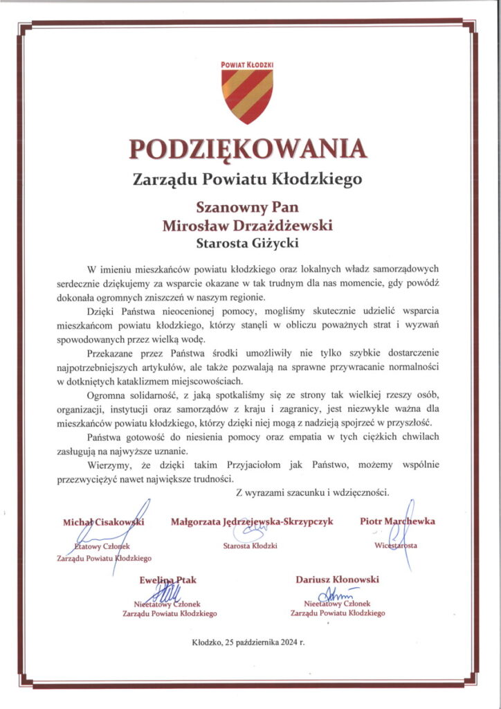 podziekowania kłodzko